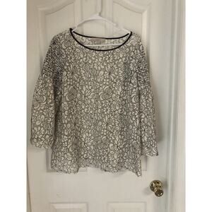 Loft Women’s Long Sleeve Lace Blouse Top Shirt White With Black Design Large